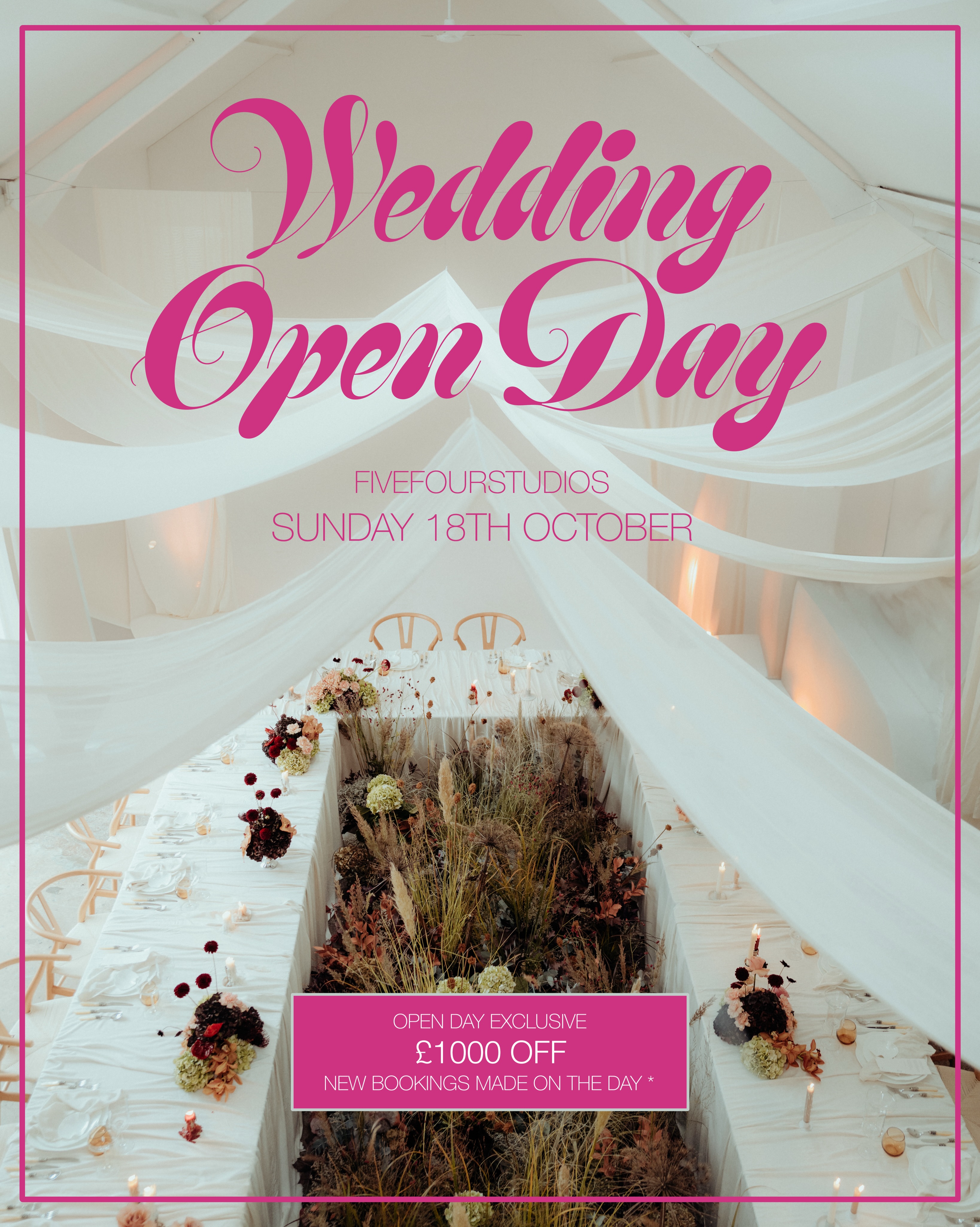 We are thrilled to announce that tickets for our 2026 Wedding Open Day are now live!
On Sunday 18th October, we will be transforming each of our blank-canvas studios into a stunning creative vision, bringing a dream wedding to life.
Our unique venue, split over three floors, can host civil ceremonies for up to 120 guests, and up to 330 guests for a good olβ party! This open day is the perfect opportunity to get inspired and discuss how we can assist in designing your dream day.
We are also offering Β£1000 off for all new couples that book a βPackage Twoβ wedding with us on the day!
Package Two includes a full day prior to your wedding, for setup & decoration - allowing you the flexibility to go as big & bold as you like!
More details of our venue, wedding packages and complimentary tickets can be found in our bio.
We look forward to seeing you there π
π fivefourstudios, M5 4LZ
π Sunday 18th October 2026
ποΈ Free to attend, registration required
In collaboration with :
Florence & Vera Events | @floveevents
T.ink | @t.inkstyleandstationery
The Flower Lounge | @flower_lounge
Chairman Hire | @chairmanhireuk
AV Light Craft | avlightcraftltd
Jessica Gwyneth | @jessicagwynethphotog
Royal Northern College of Music | @rncmlive
Chateau Noir | @chateaunoireventhire
Grue Patisserie | @grue.pastry
Holy Scratchimony | @holyscratchimony
Photobooth Taxi | @photoboothtaxis
Jean Jackson Couture | @jeanjacksoncouture
Tally Bookbinder | @tally.bbridalhairandmakeup
#fivefourstudios
Image Credits :
Slide 1 : @damian_brandon_photography
Slide 3 : @dan.mccourt